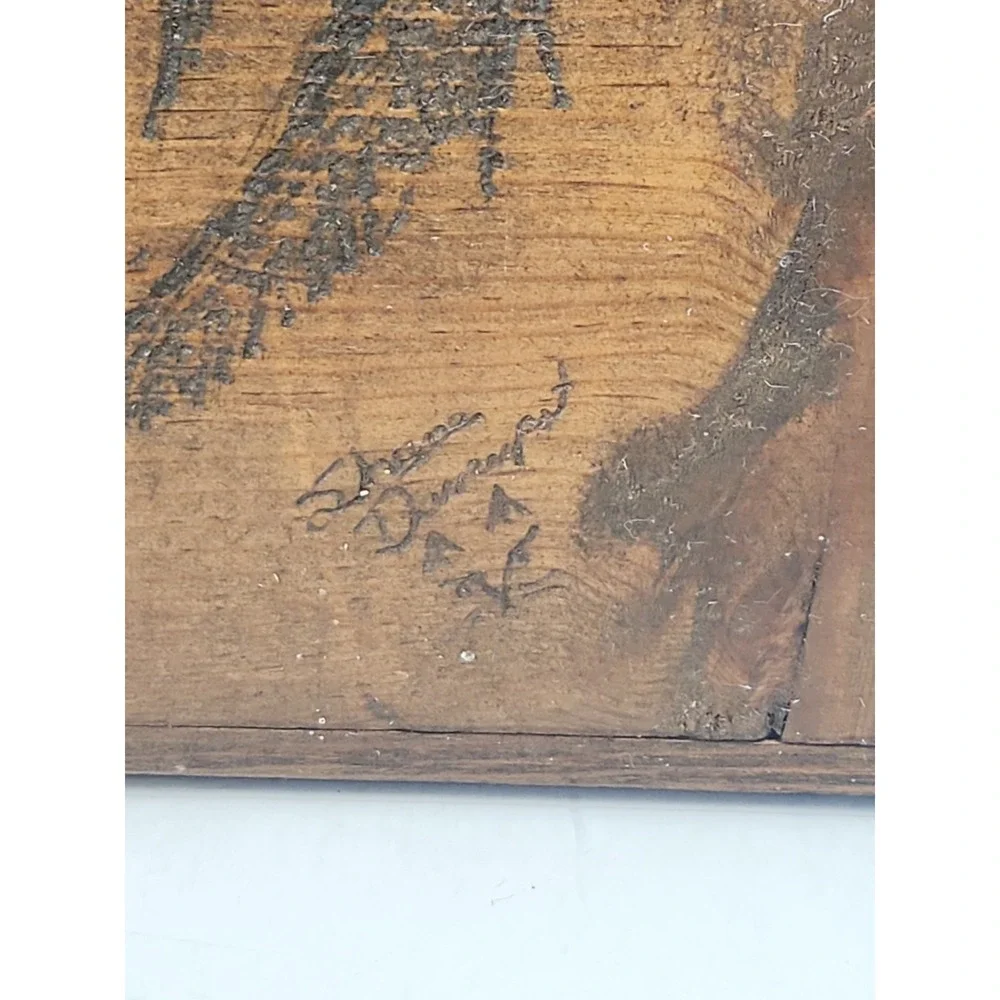 Signed Shane Davenport Bobcat Pyrography Wood Plaque Tabletop Cabin Decor